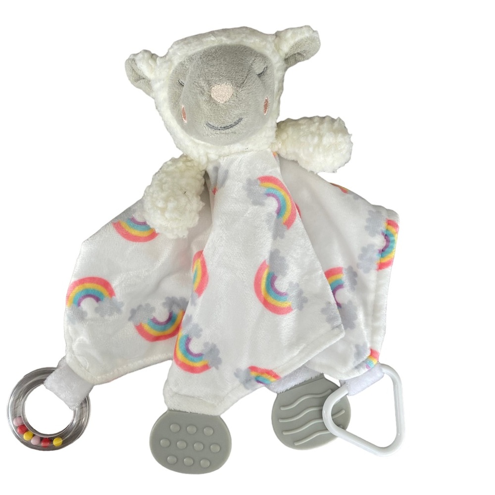MODERN BABY PINK Sheep Lamb BLANKIE W/TEETHER SECURITY BLANKET LOVEY Rainbow